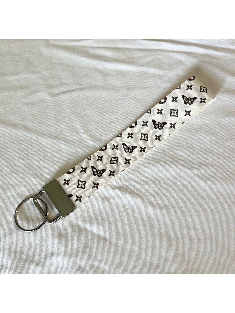White Black Butterfly Faux Leather Fashion Key Fob Keychains Wristlet